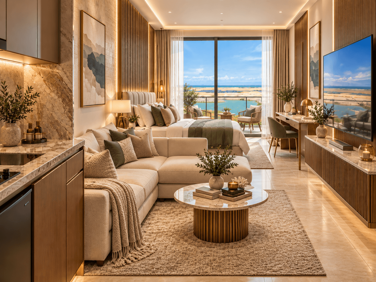 Waterview apartment bedroom and living area